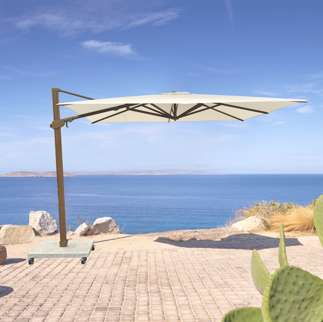 Marbella Plus Zweefparasol 300x300 Olefin parasol+voet+hoes | teak/wit