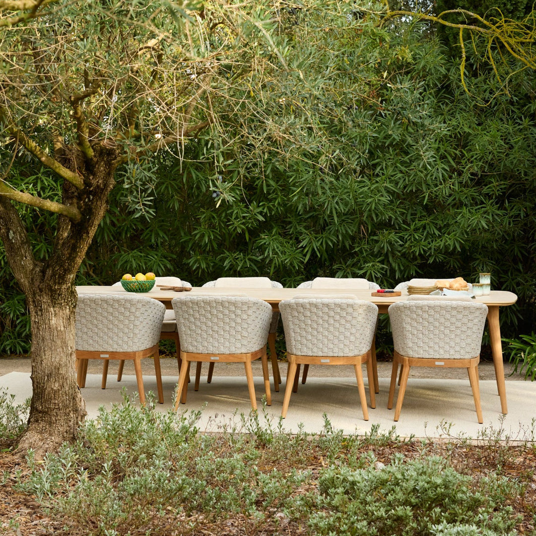 Legna tuinset in teak met keramisch tafelblad 320x100 met tondo dining stoel