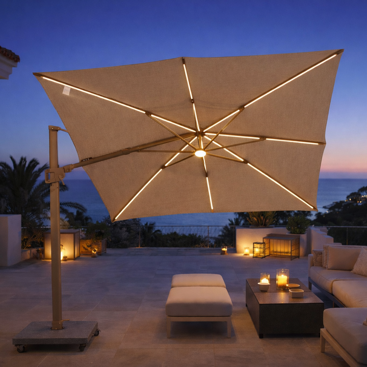 Mallorca LED zweefparasol beige frame en zandkleurige parasoldoek + voet + beschermhoes
