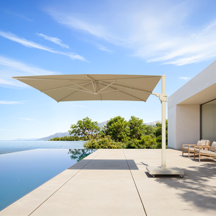 Mallorca LED zweefparasol beige frame en zandkleurige parasoldoek + voet + beschermhoes