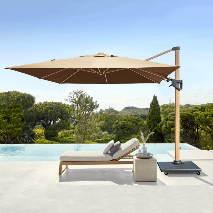 Valencia Zweefparasol 300x300 Parasol+voet+hoes | alu teak frame met taupe parasoldoek