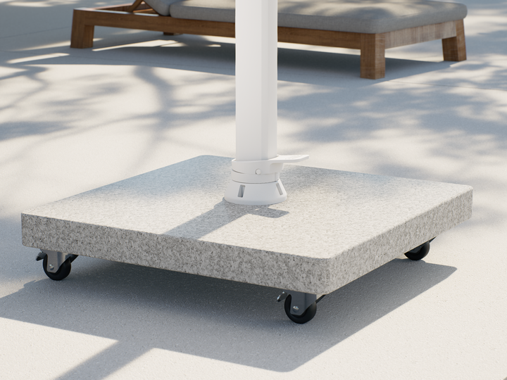 Parasol suspendu Mallorca cadre blanc et toile gris clair + base + housse de protection