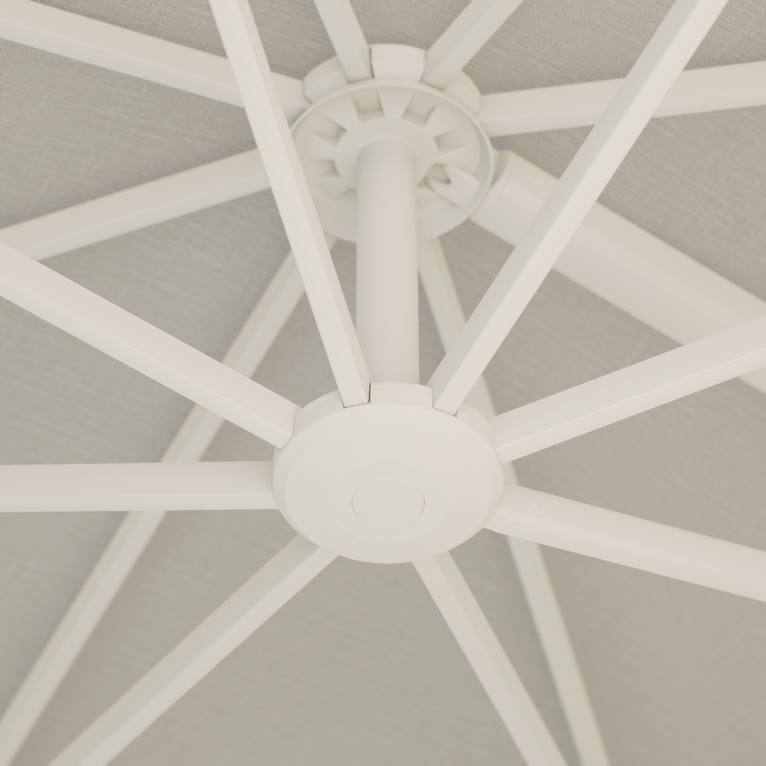 Parasol suspendu Mallorca cadre blanc et toile gris clair + base + housse de protection