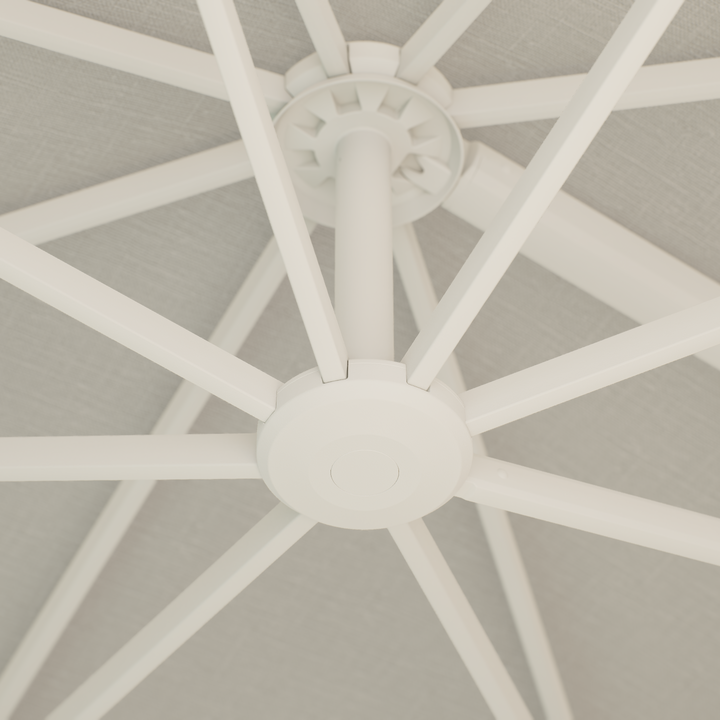 Parasol suspendu Mallorca cadre blanc et toile gris clair + base + housse de protection