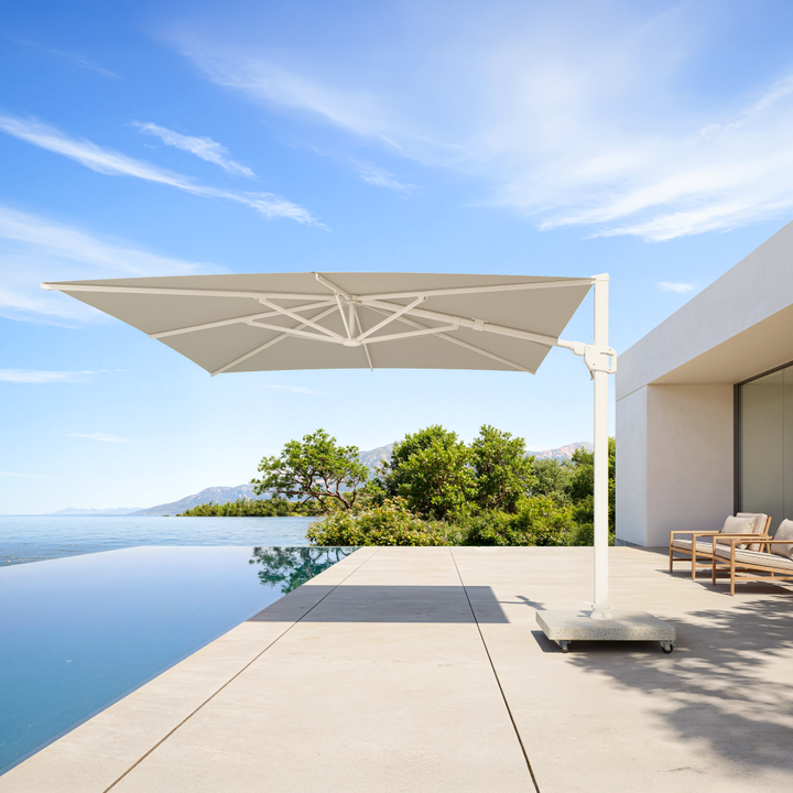 Parasol suspendu Mallorca cadre blanc et toile gris clair + base + housse de protection