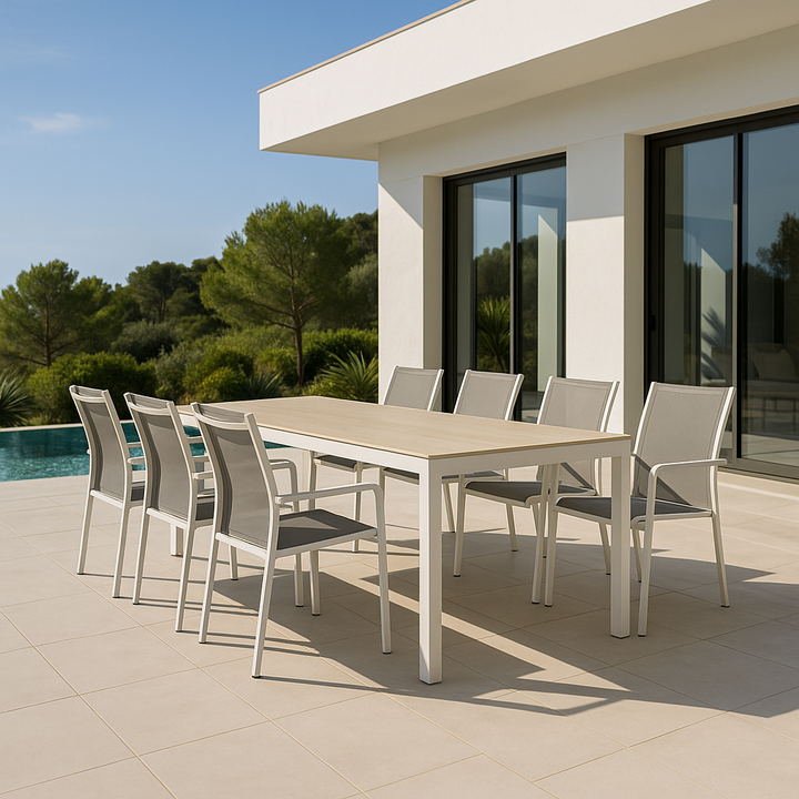 Yuma tuintafel in wit aluminium en beige keramiek met boca stapelstoelen