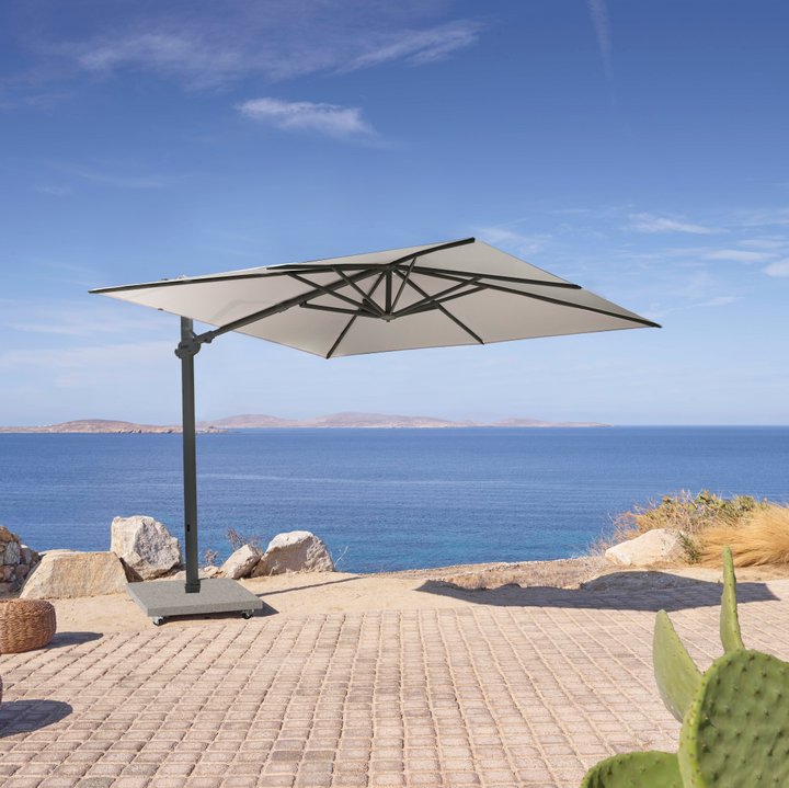 Monaco Zweefparasol 300x300cm zwart aluminium en stone sunbrella doek | parasol+voet+hoes
