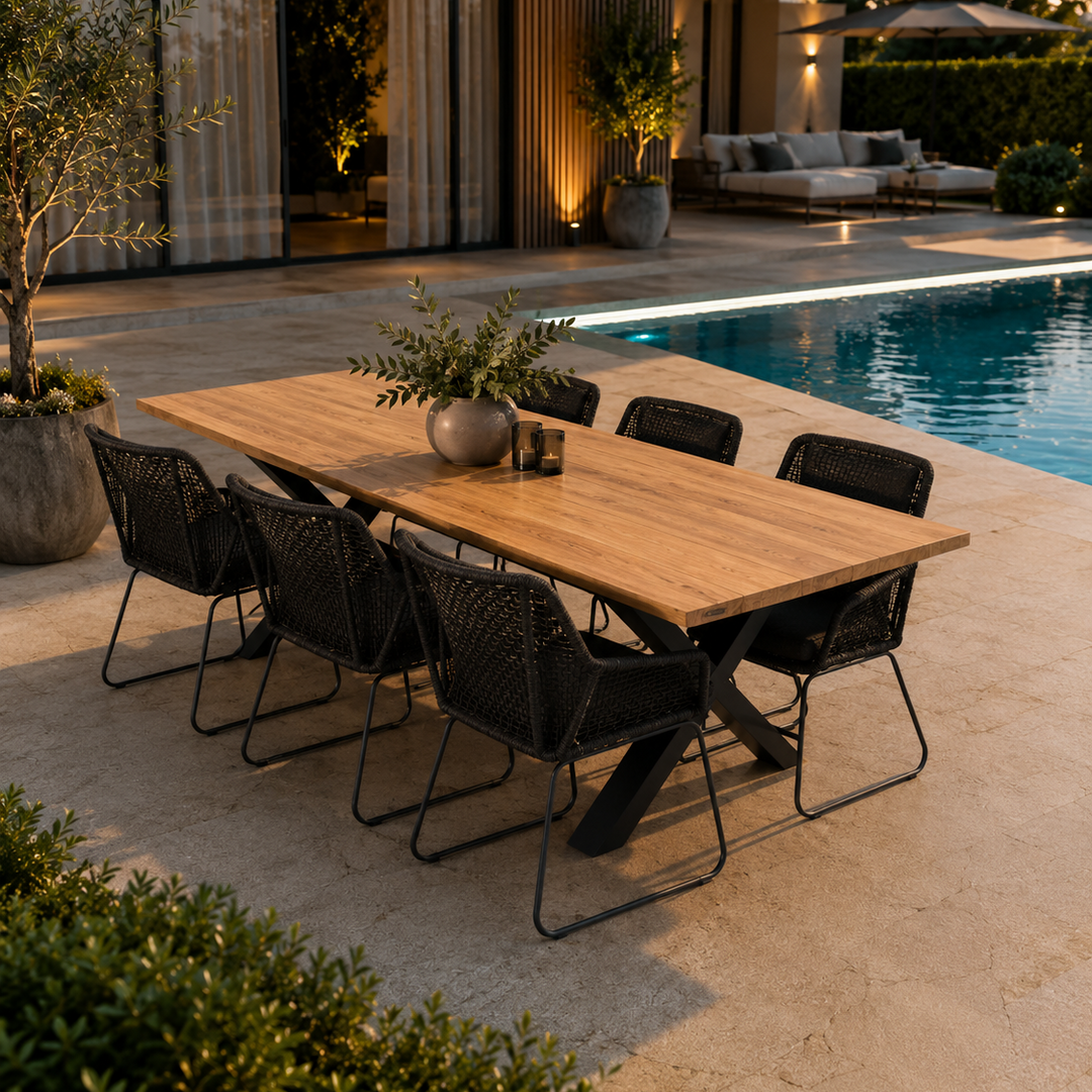 Pure tuinset in teak met 6 Alden tuinstoelen in zwarte rope