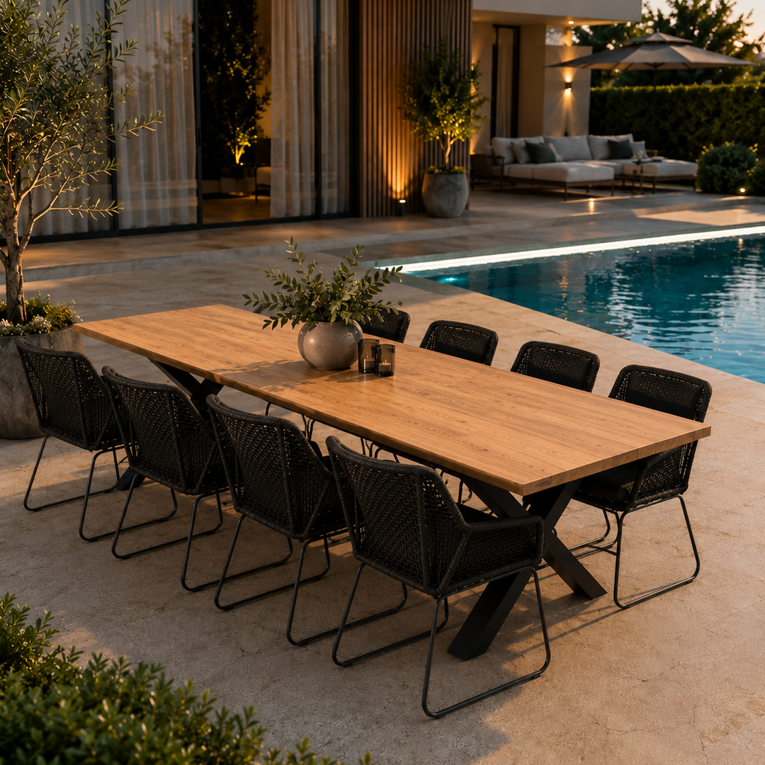 Pure tuinset in teak met 8 Alden tuinstoelen in zwarte rope