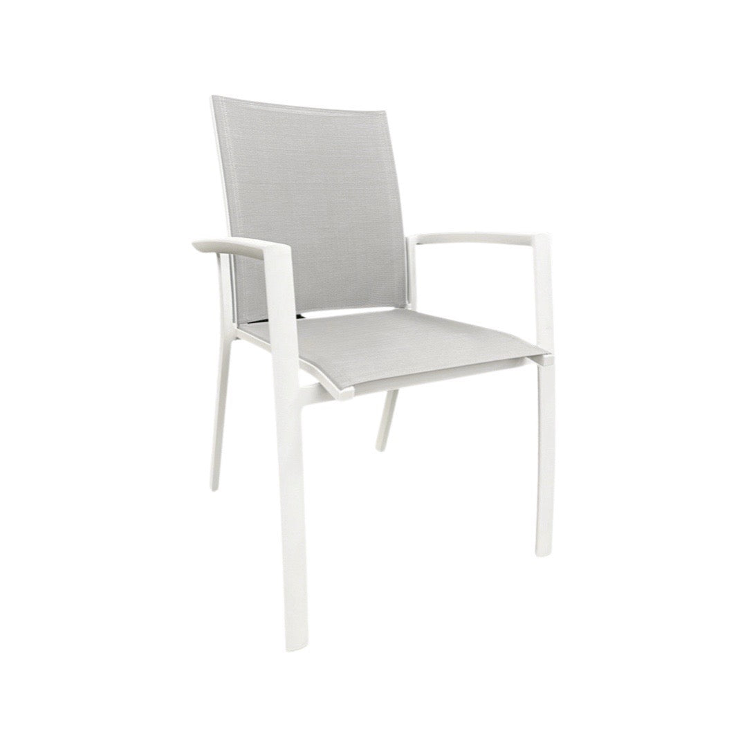 Sevilla stackable garden chair in white aluminum and light gray textilene