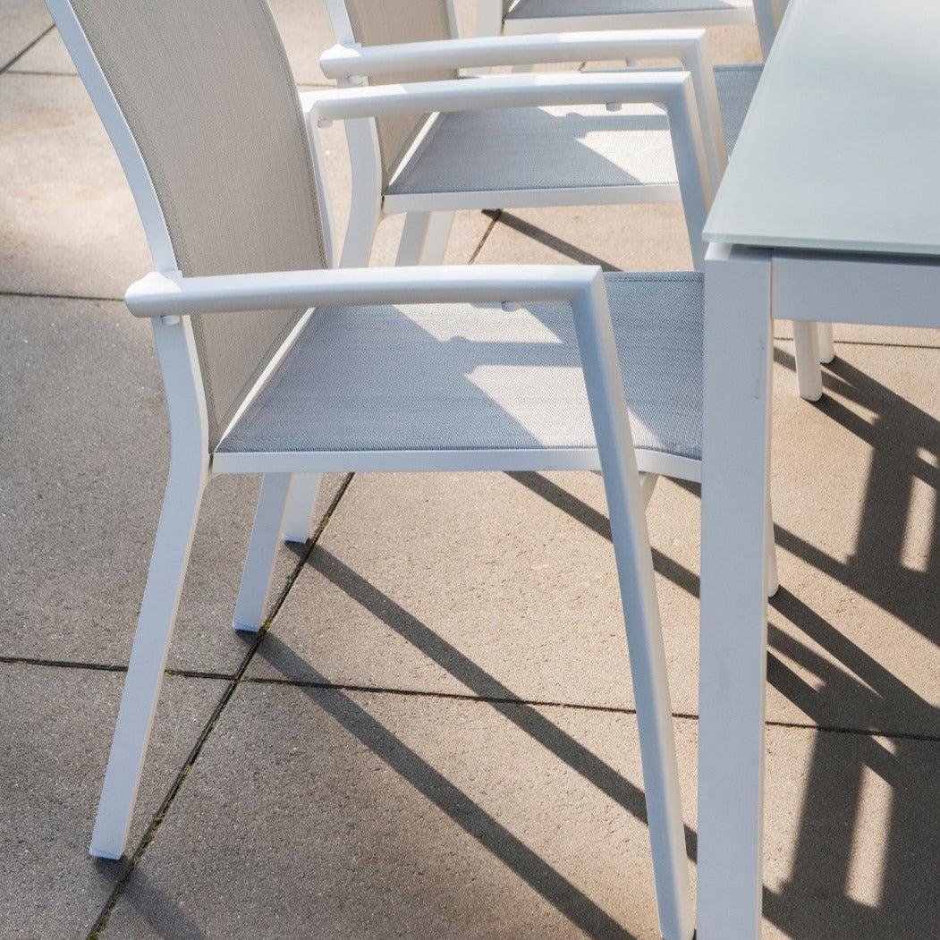 Sevilla stackable garden chair in white aluminum and light gray textilene