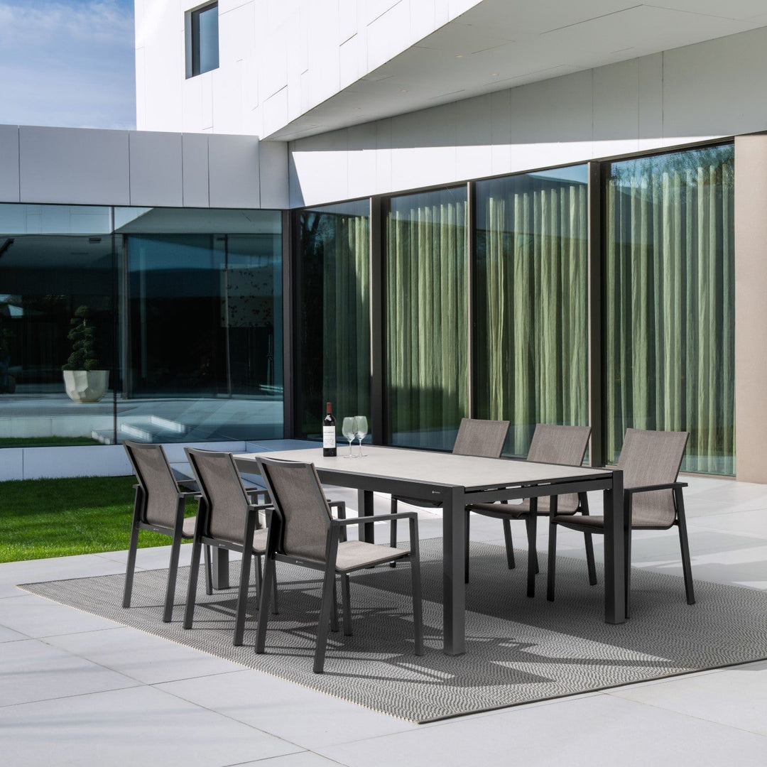 Livorno extendable garden table with all-ceramic table top 220-330x106 and Beja stacking chair in charcoal mat