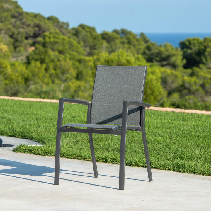 Sevilla stackable garden chair in anthracite aluminum and silver-gray textilene