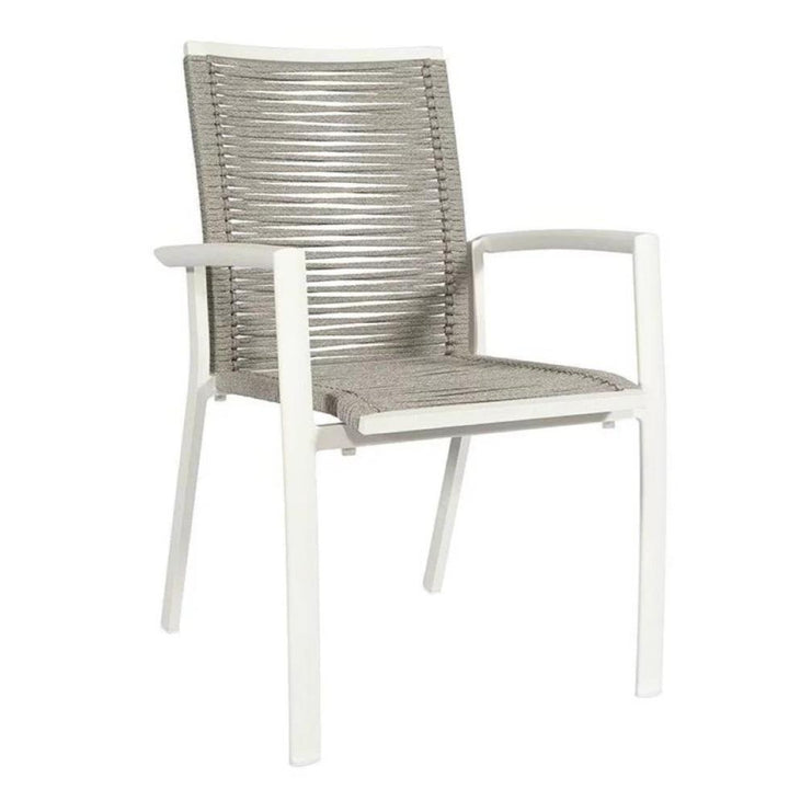 Sevilla garden chair in white aluminum and light gray straight woven round rope