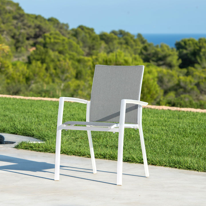 Sevilla stackable garden chair in white aluminum and light gray textilene